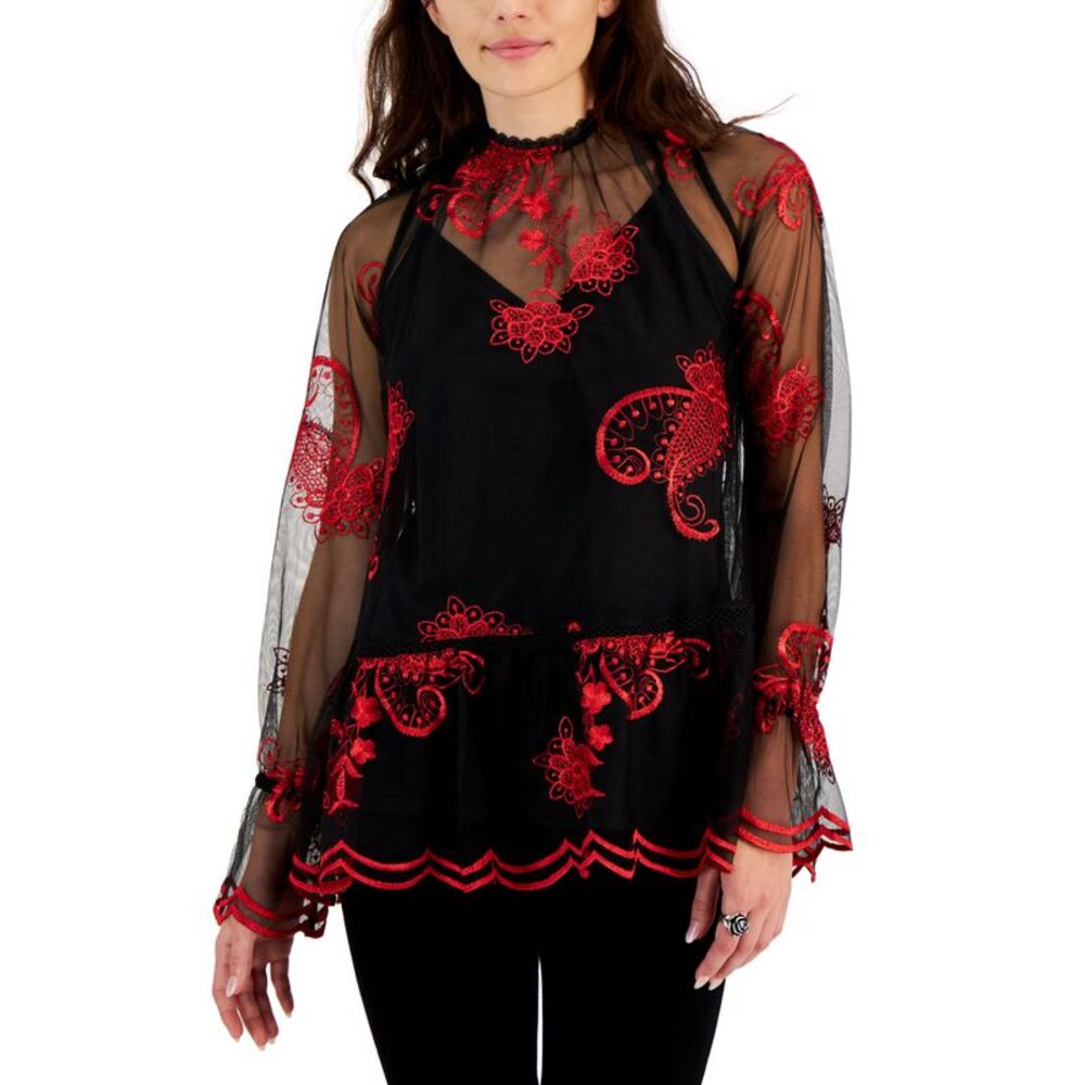Fever Womens Printed Embroidered Mesh Long Sleeve Top